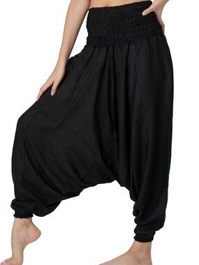 Bangkok Pants One Size Black Smocked Waist Drop Crotch Harem Boho Pants